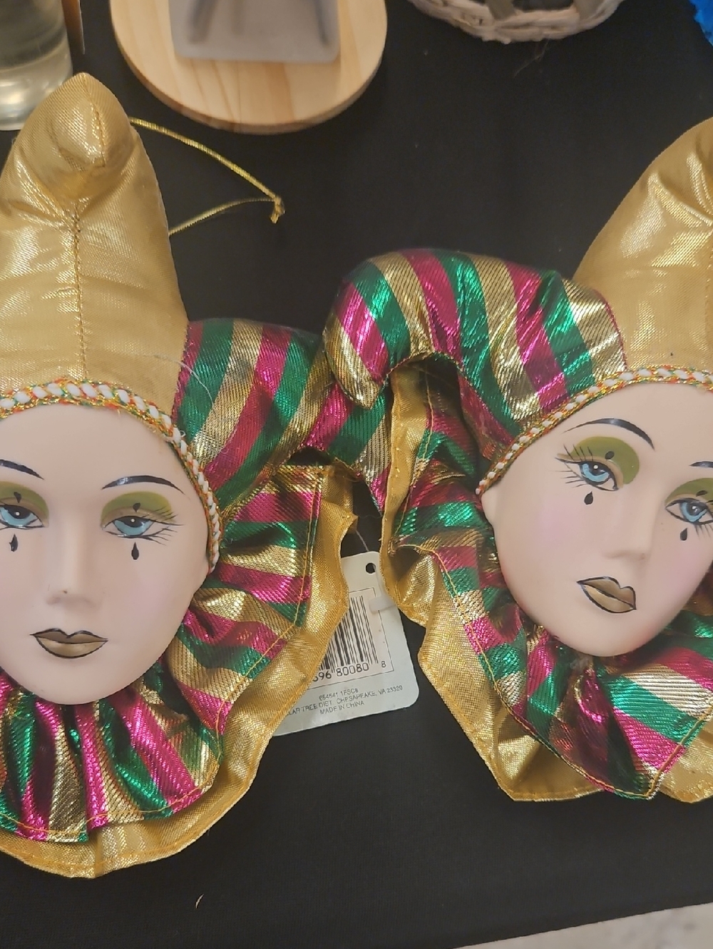 Pair of Decorative Harlequin Mask Ornaments in Gold, Green & Pink